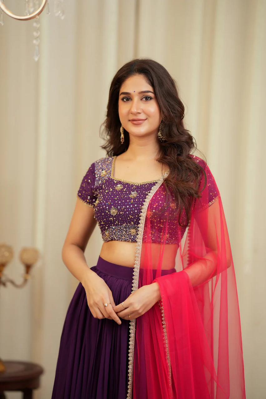 Shaded Georgette Lehenga Set with Thai Silk Zari Blouse & Net Dupatta – 3.5 Meter Flair