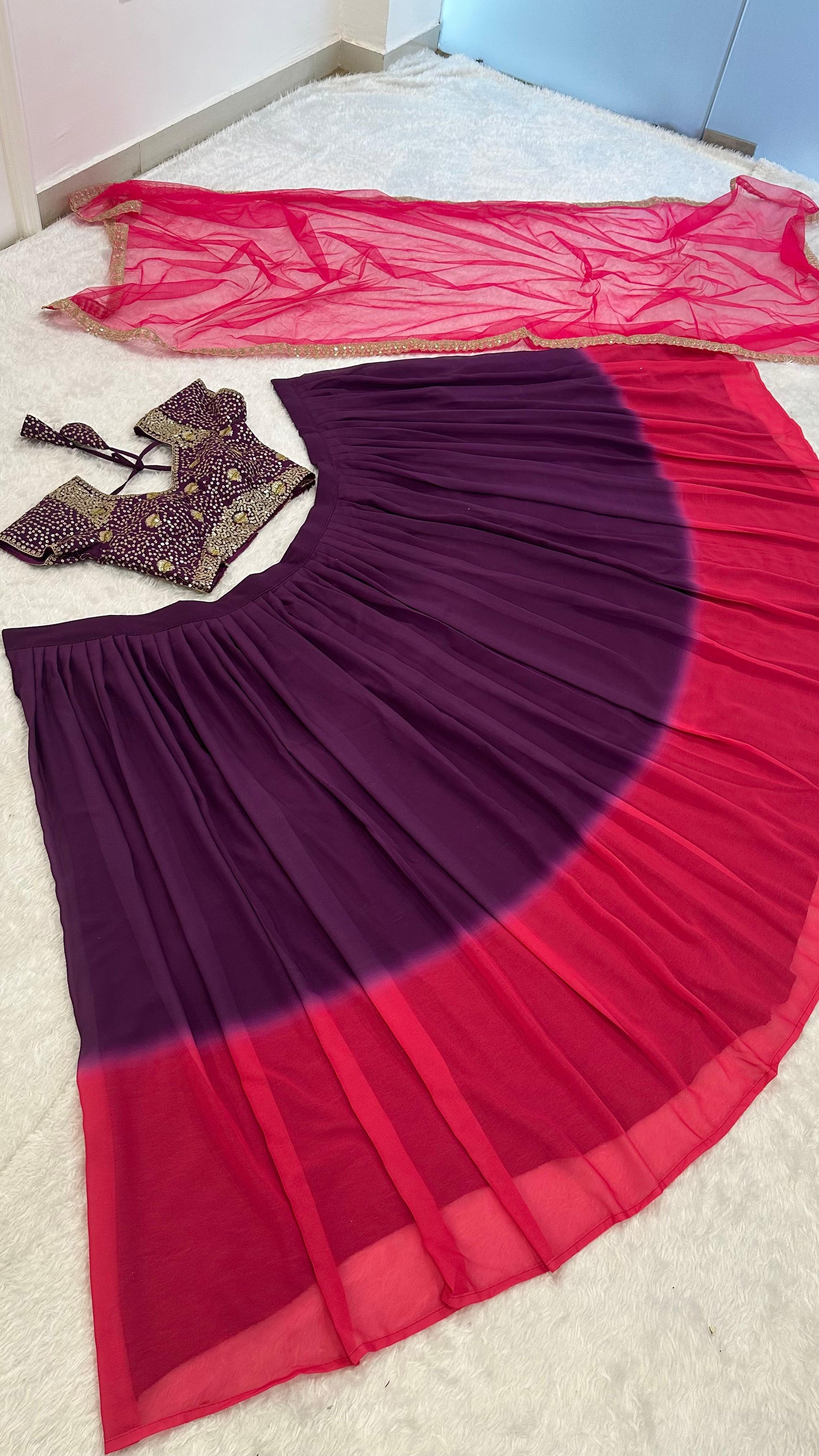 Shaded Georgette Lehenga Set with Thai Silk Zari Blouse & Net Dupatta – 3.5 Meter Flair