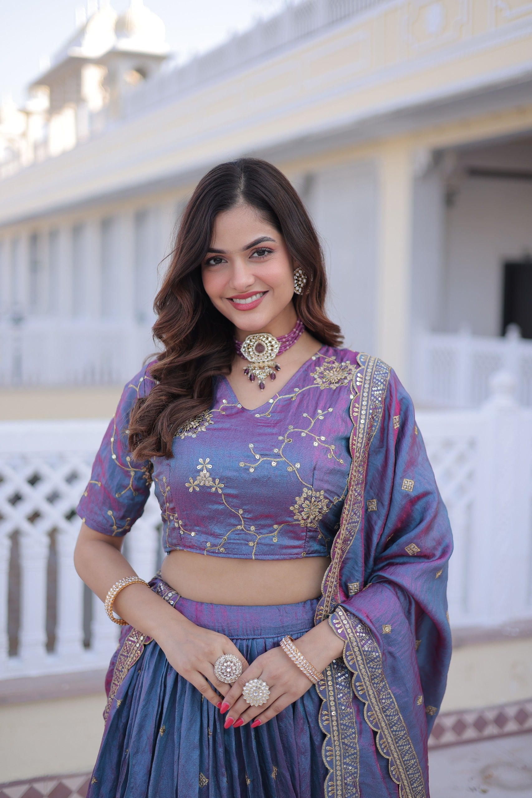 YSL Silk Lehenga Choli Set with Zari & Sequins Embroidery – Designer Dupatta with Cutwork Lace