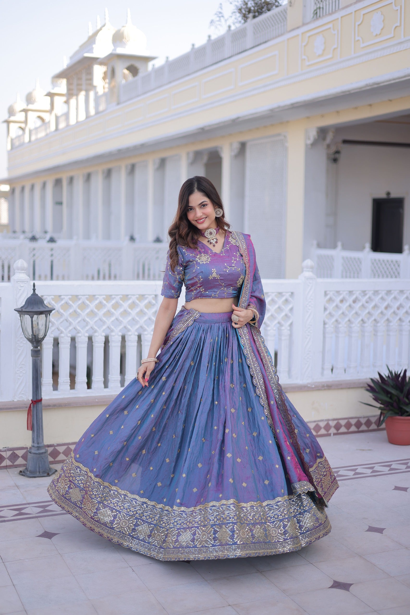 YSL Silk Lehenga Choli Set with Zari & Sequins Embroidery – Designer Dupatta with Cutwork Lace