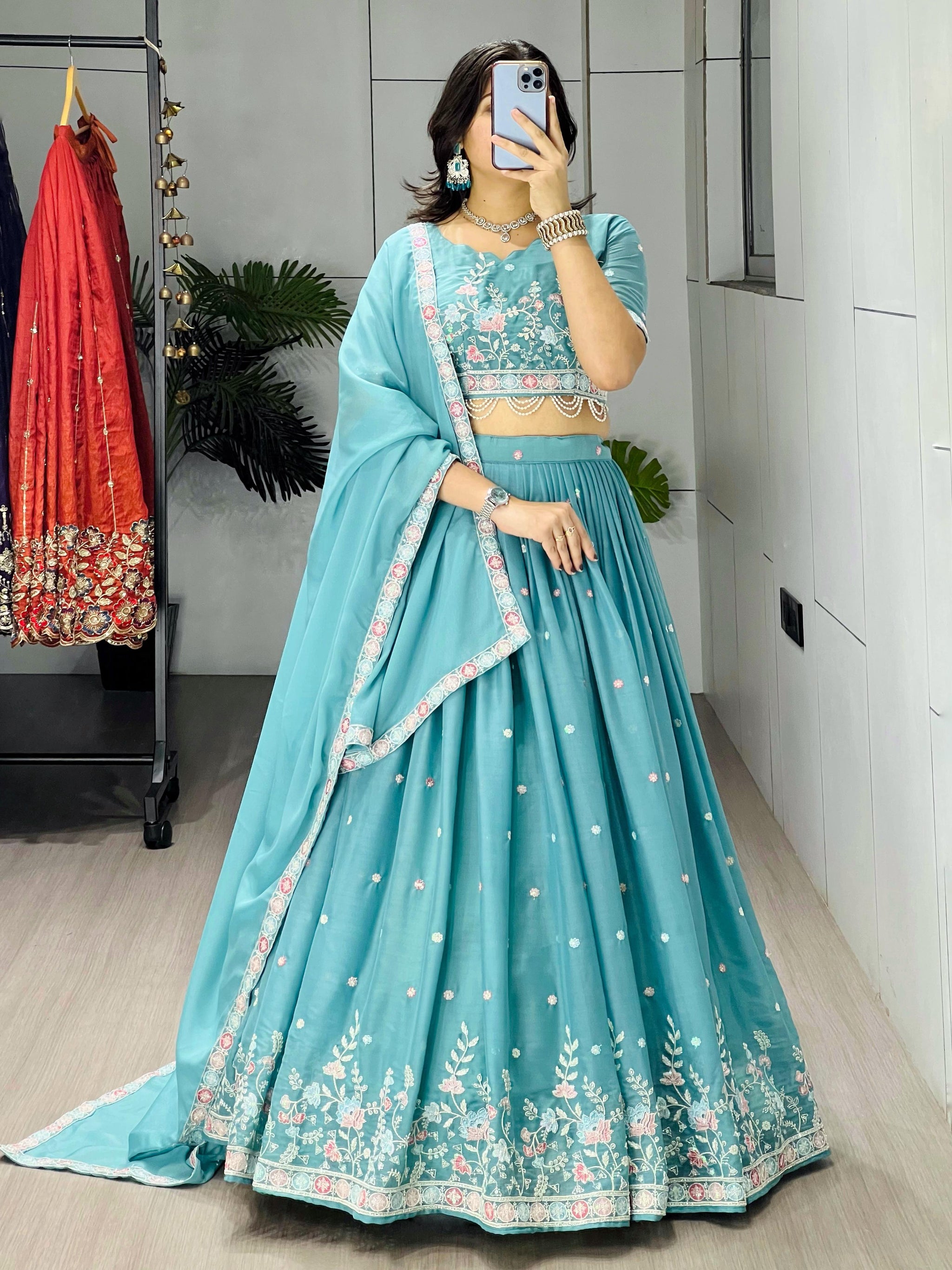 Sky Blue Wedding Embroidered Lehenga Choli Set with Bead Work & Pearl Lace – Fully Stitched Star Georgette
