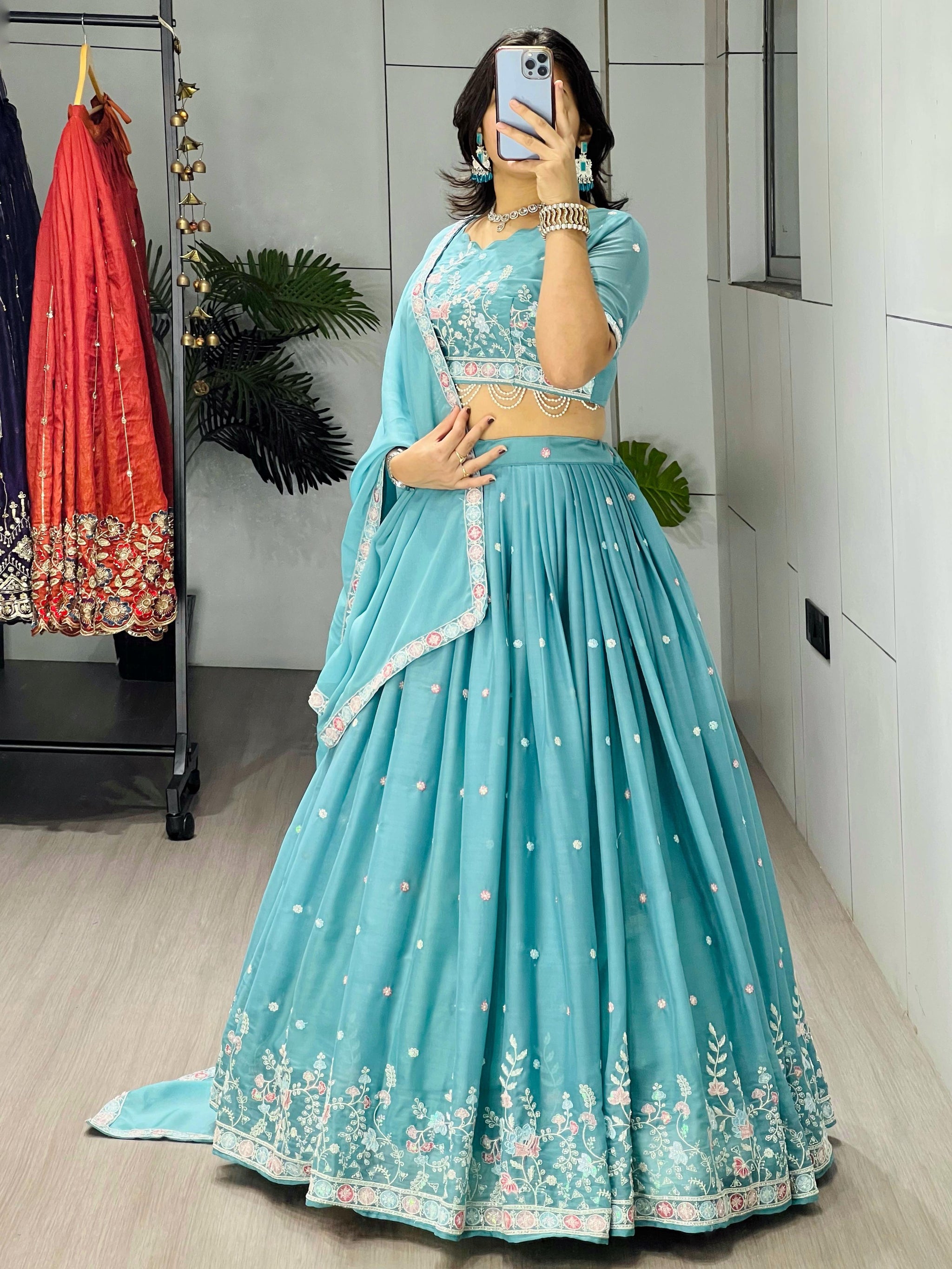 Sky Blue Wedding Embroidered Lehenga Choli Set with Bead Work & Pearl Lace – Fully Stitched Star Georgette