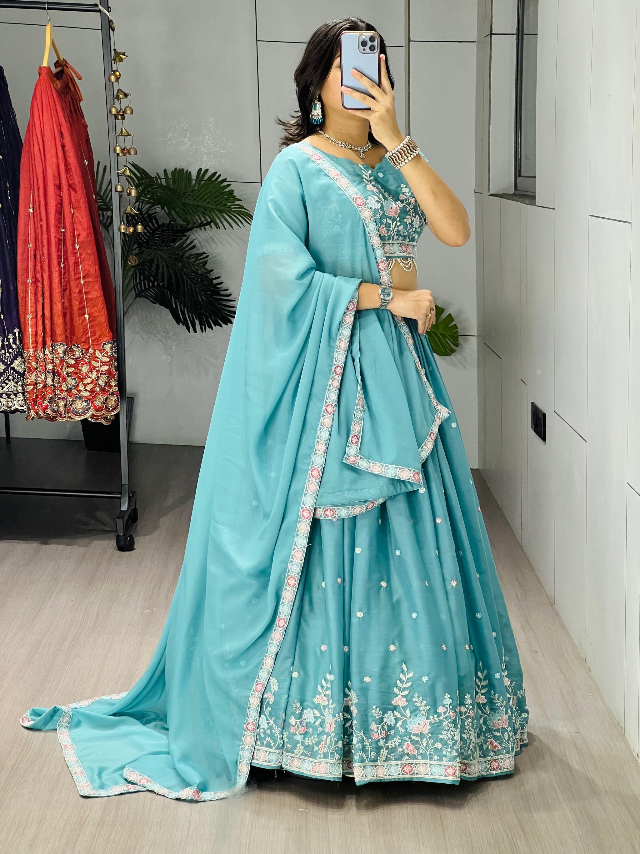 Sky Blue Wedding Embroidered Lehenga Choli Set with Bead Work & Pearl Lace – Fully Stitched Star Georgette