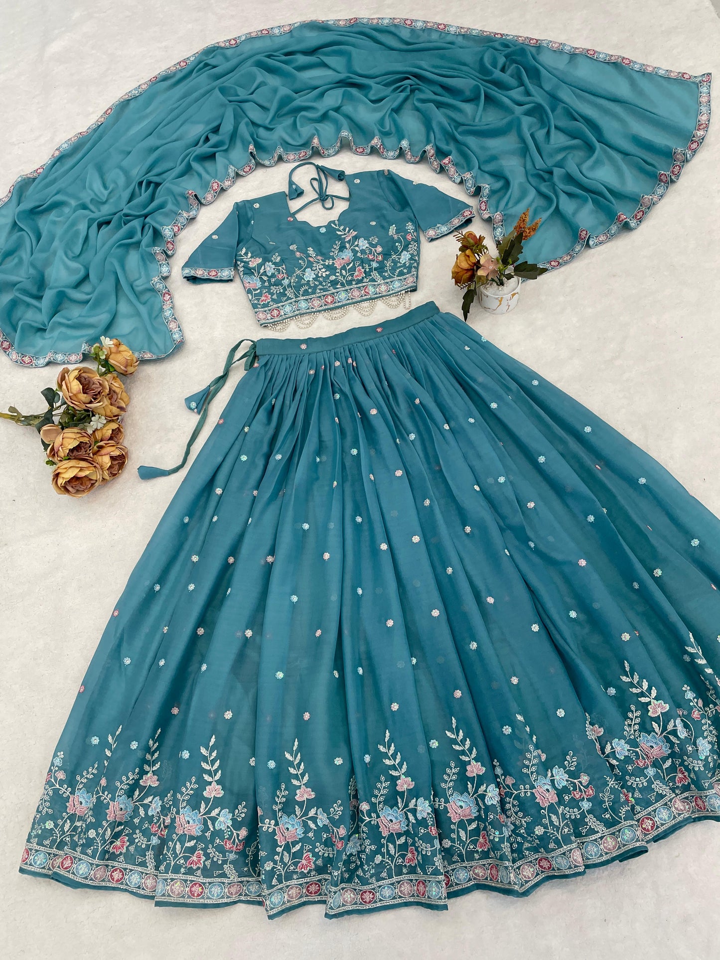 Sky Blue Wedding Embroidered Lehenga Choli Set with Bead Work & Pearl Lace – Fully Stitched Star Georgette