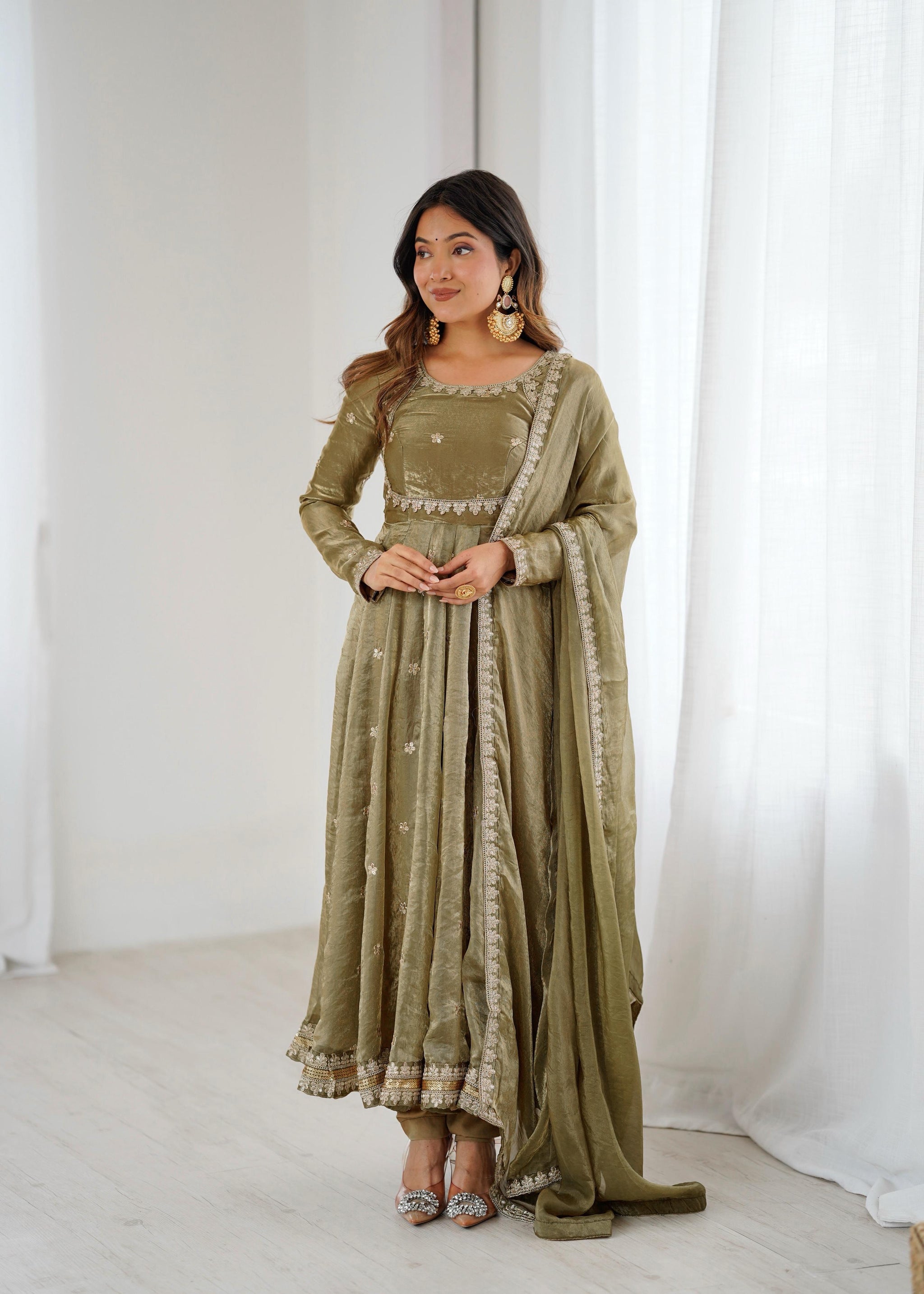 Fandy Silk Embroidered Gown Set with Pant & Dupatta – Sequence Work Party Wear