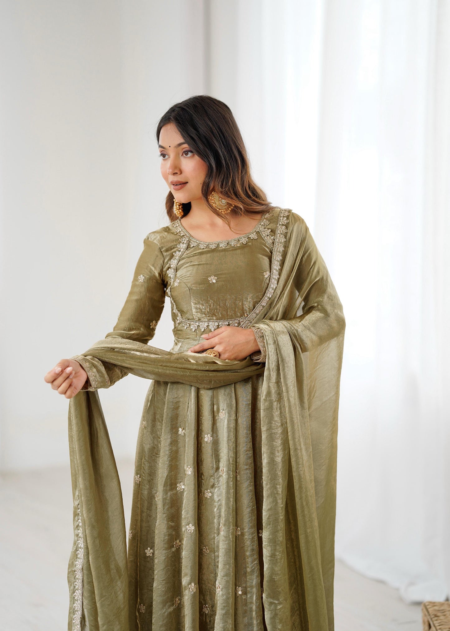 Fandy Silk Embroidered Gown Set with Pant & Dupatta – Sequence Work Party Wear