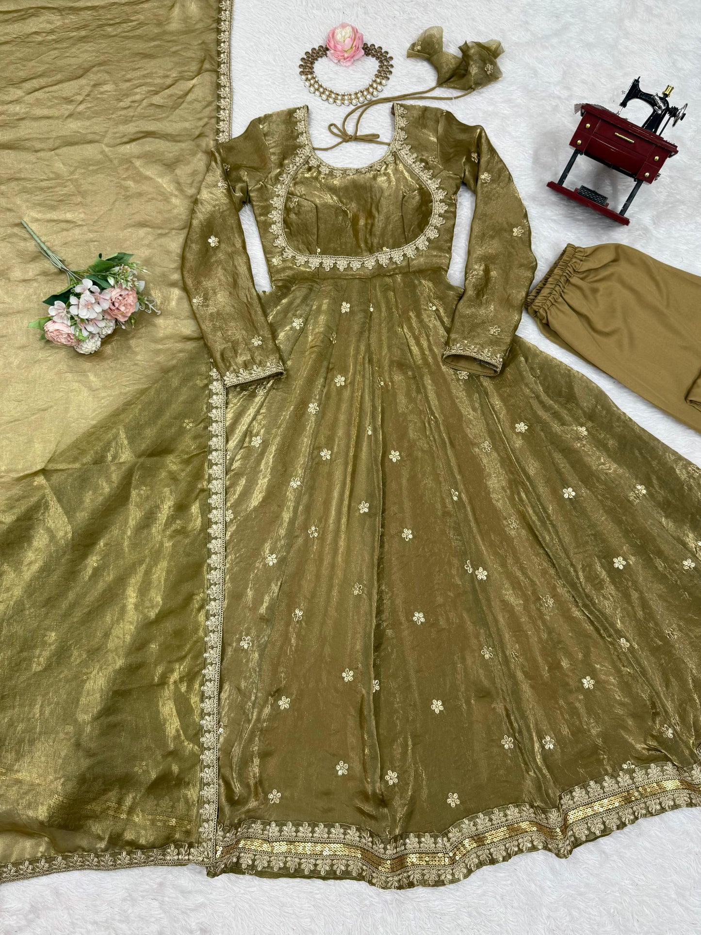 Fandy Silk Embroidered Gown Set with Pant & Dupatta – Sequence Work Party Wear