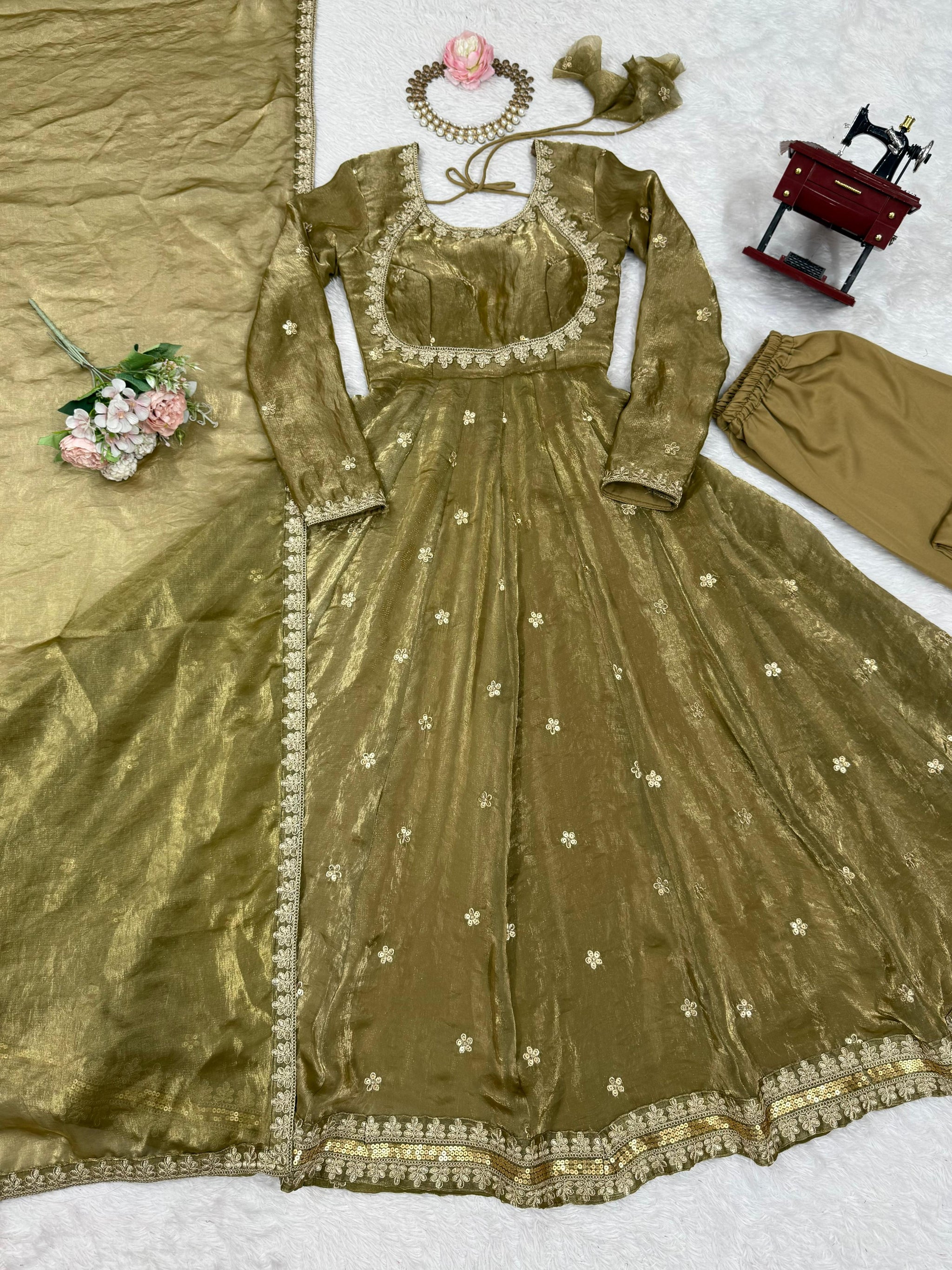 Fandy Silk Embroidered Gown Set with Pant & Dupatta – Sequence Work Party Wear