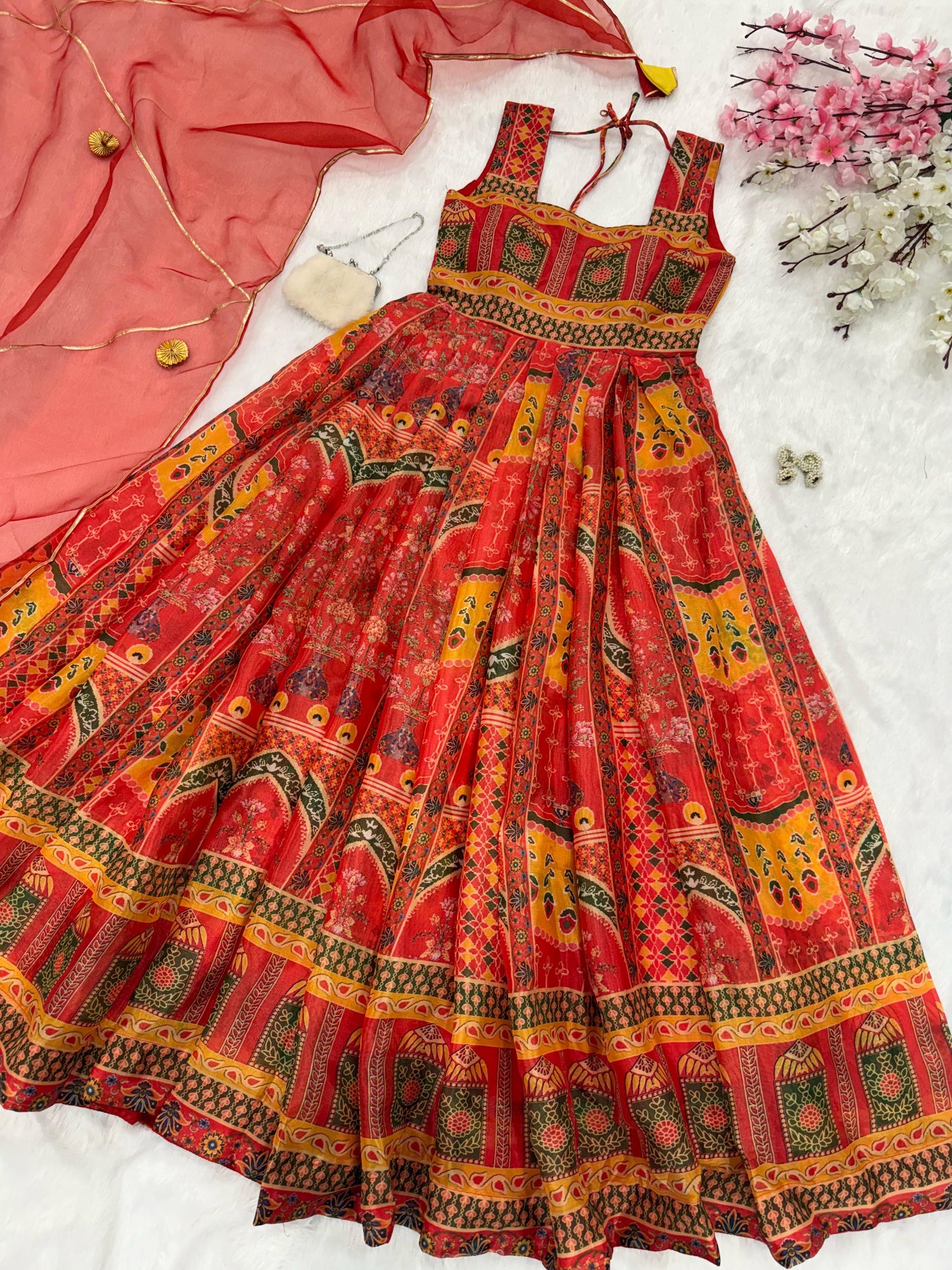 Digital Printed Jimmy Organza Silk Anarkali Gown with Organza Dupatta – Fully Stitched