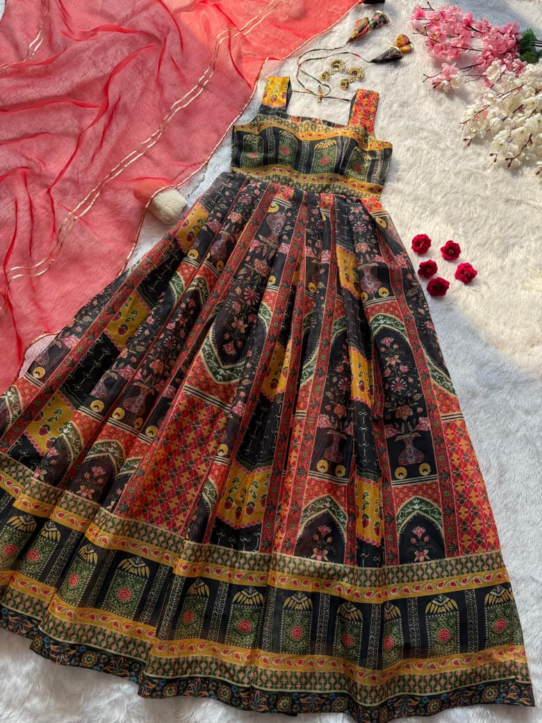 Digital Printed Jimmy Organza Silk Anarkali Gown with Organza Dupatta – Fully Stitched