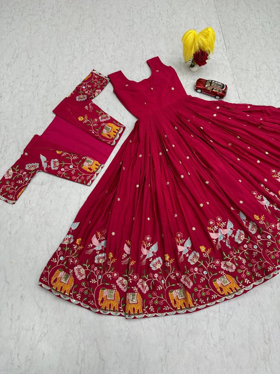 Crepe Silk Embroidered Gown with Jacket – Fully Stitched Party Wear Set