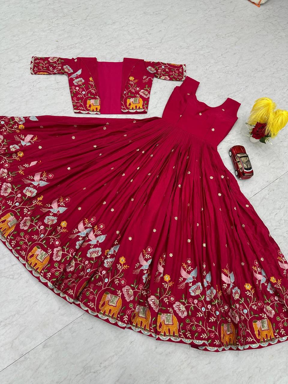Crepe Silk Embroidered Gown with Jacket – Fully Stitched Party Wear Set