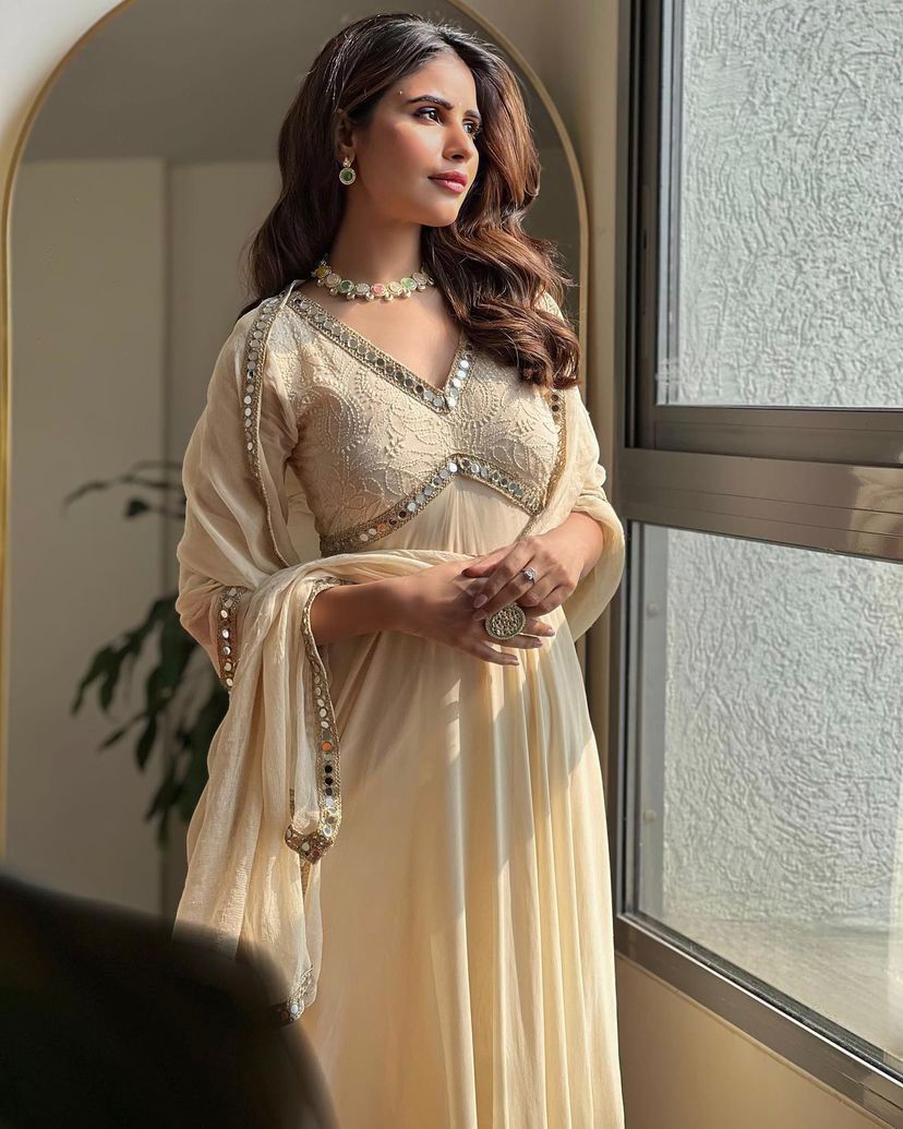 Designer Anarkali Gown with Chikankari & Mirror Work with dupatta – Party Wear Set