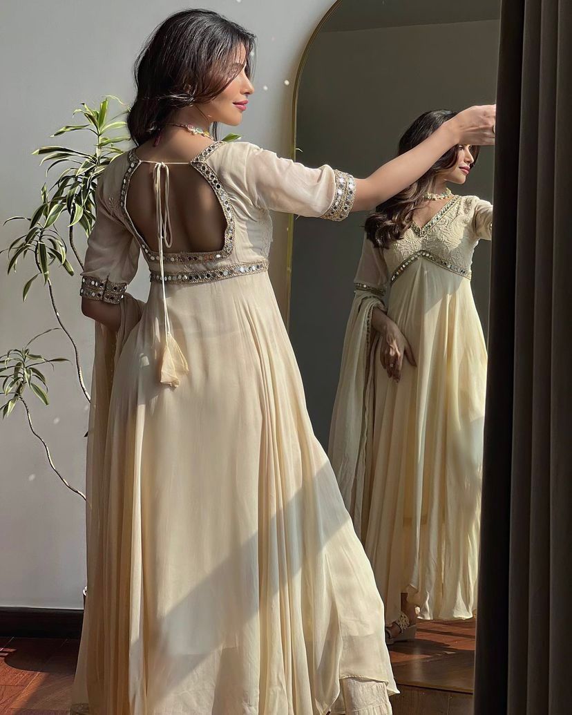 Designer Anarkali Gown with Chikankari & Mirror Work with dupatta – Party Wear Set
