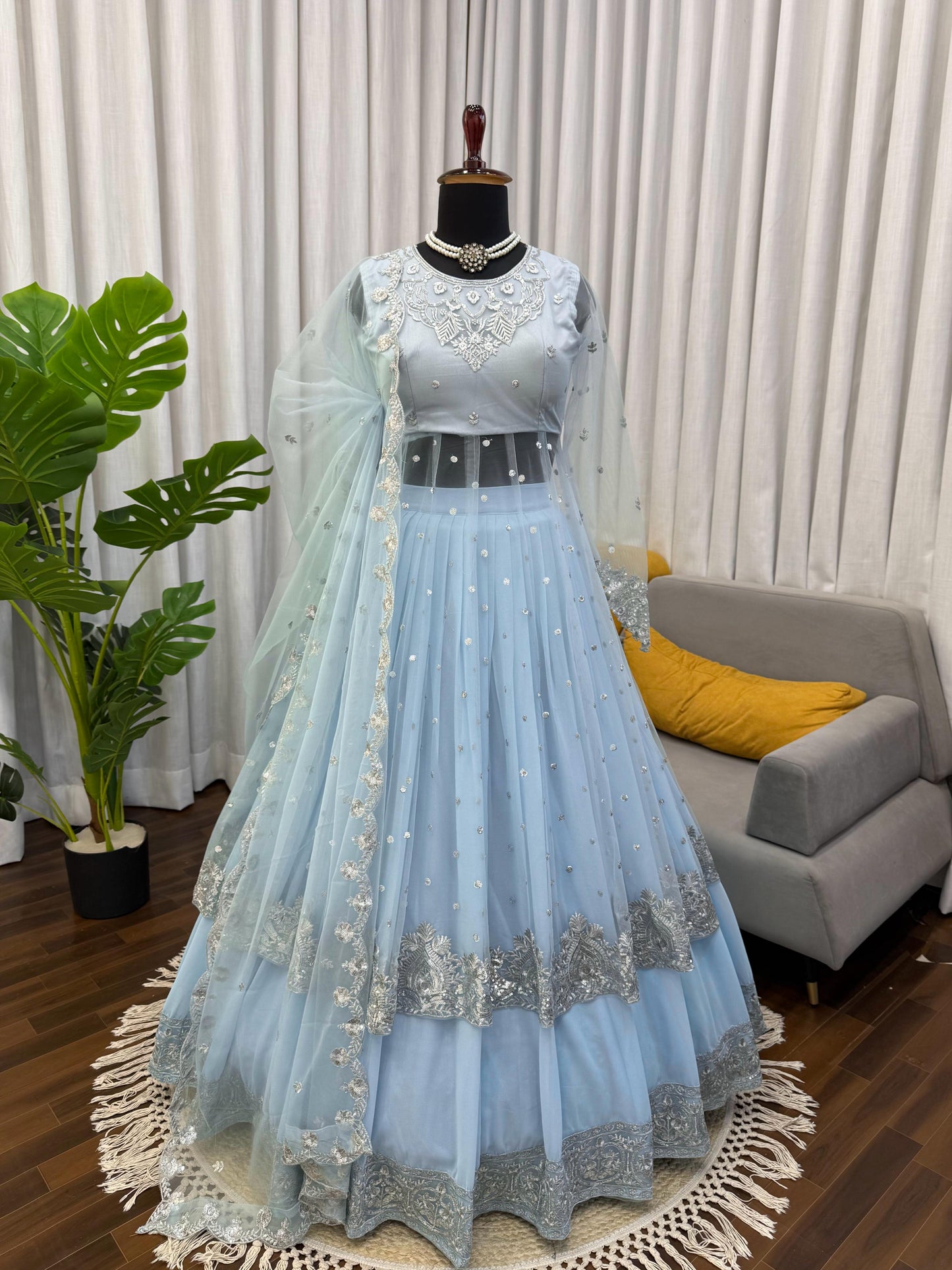Faux Georgette Gown Lehenga Set with Sequin Work for Women Festive Wear Style