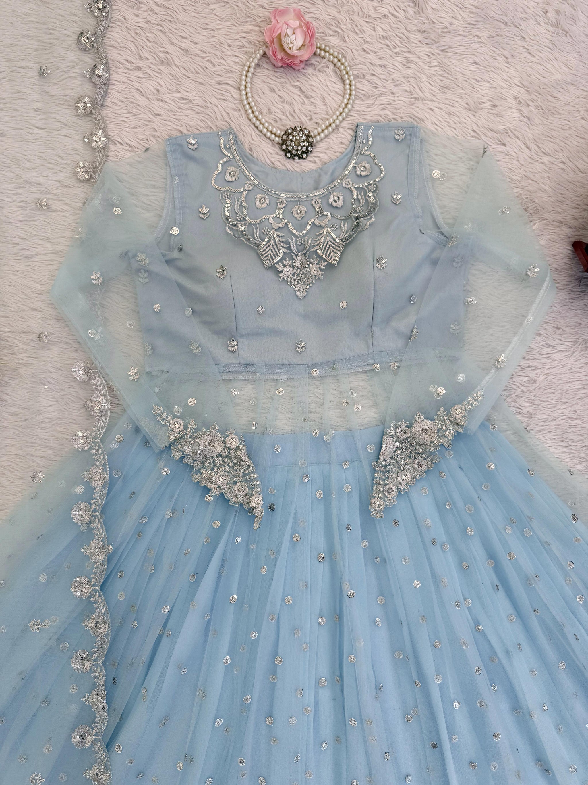 Faux Georgette Gown Lehenga Set with Sequin Work for Women Festive Wear Style