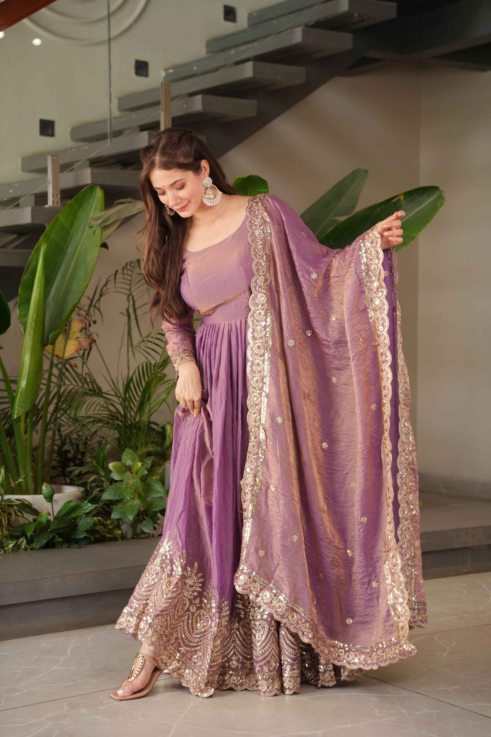 Heavy Fandy Silk Embroidered Sequins Gown with Dupatta – Designer Party Wear