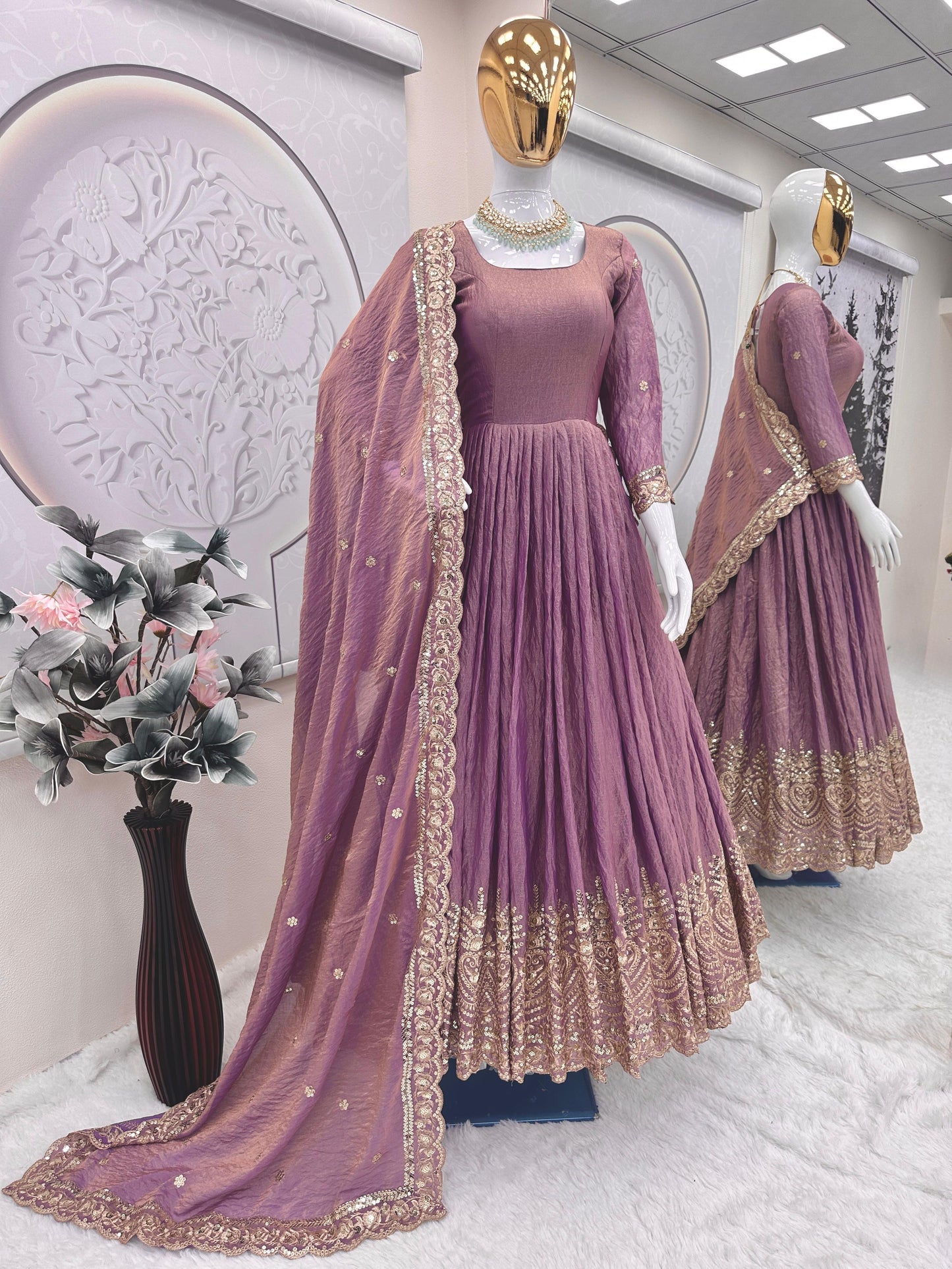 Heavy Fandy Silk Embroidered Sequins Gown with Dupatta – Designer Party Wear