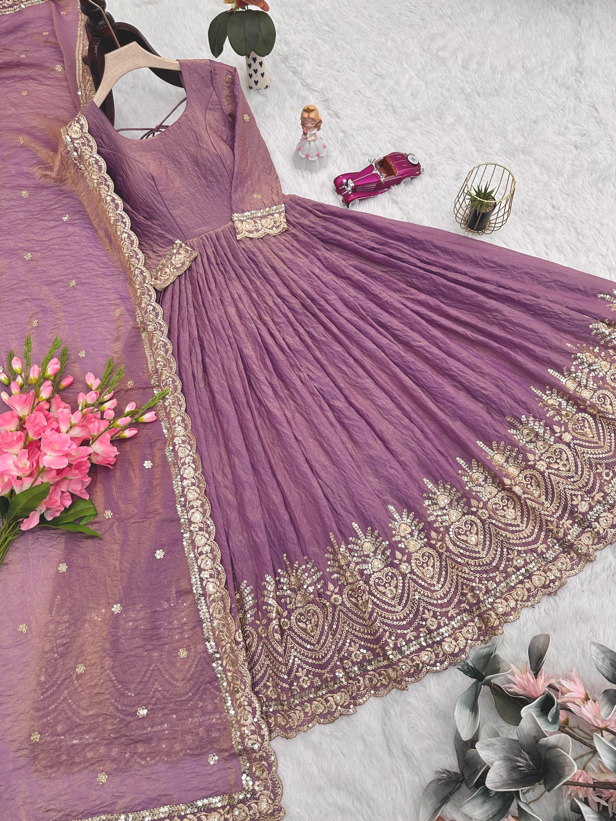 Heavy Fandy Silk Embroidered Sequins Gown with Dupatta – Designer Party Wear