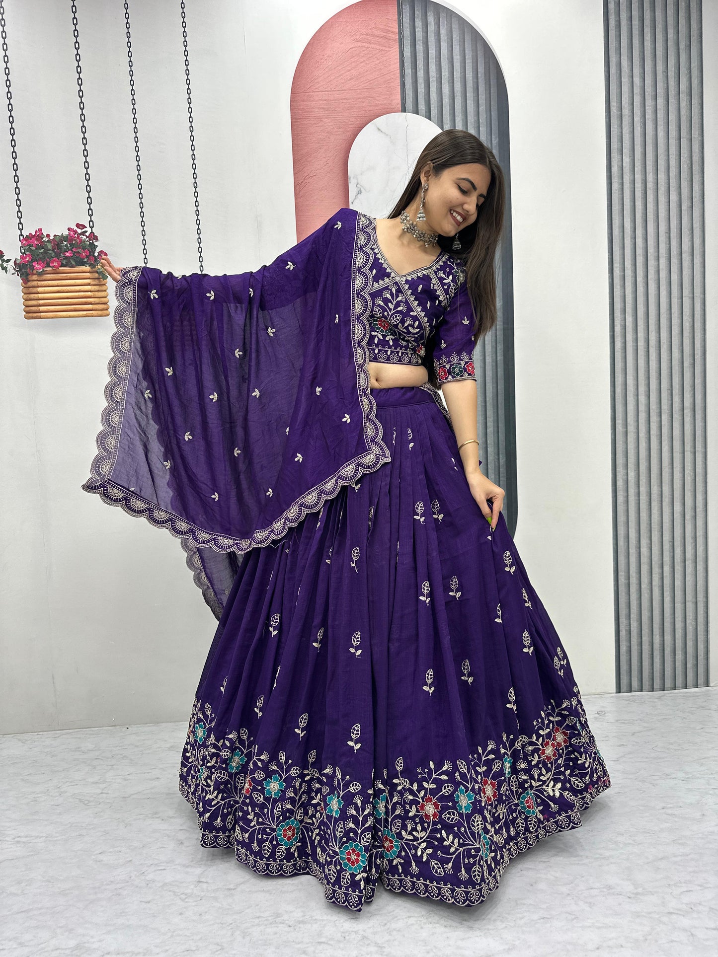 Pure Vichitra Silk Embroidered Lehenga Choli Set with Dupatta – Festival Designer Wear