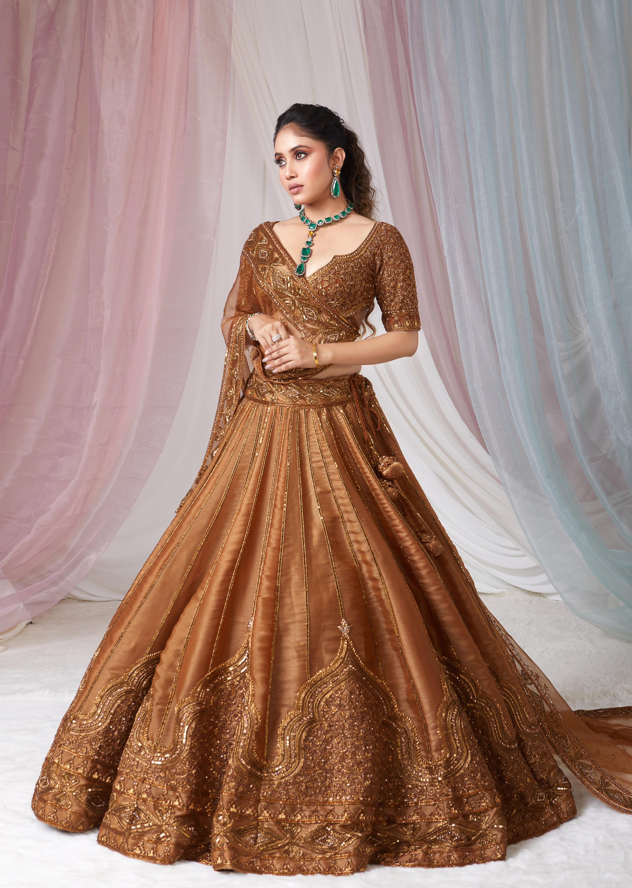 Satin Silk Sequins & Dori Work Lehenga Set with Net Dupatta - METALLIC COPPER