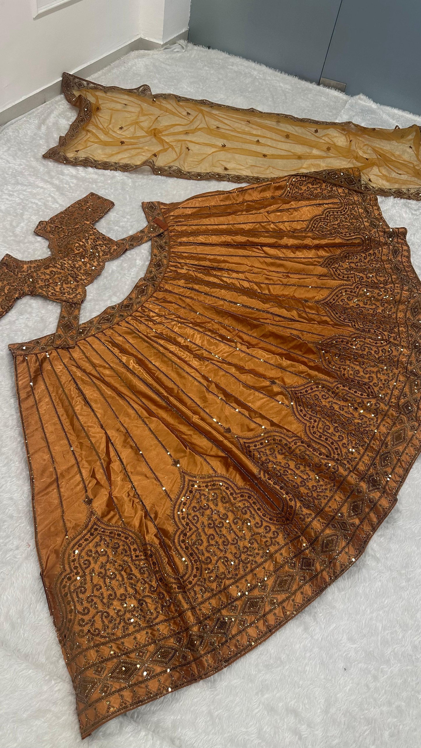 Satin Silk Sequins & Dori Work Lehenga Set with Net Dupatta - METALLIC COPPER