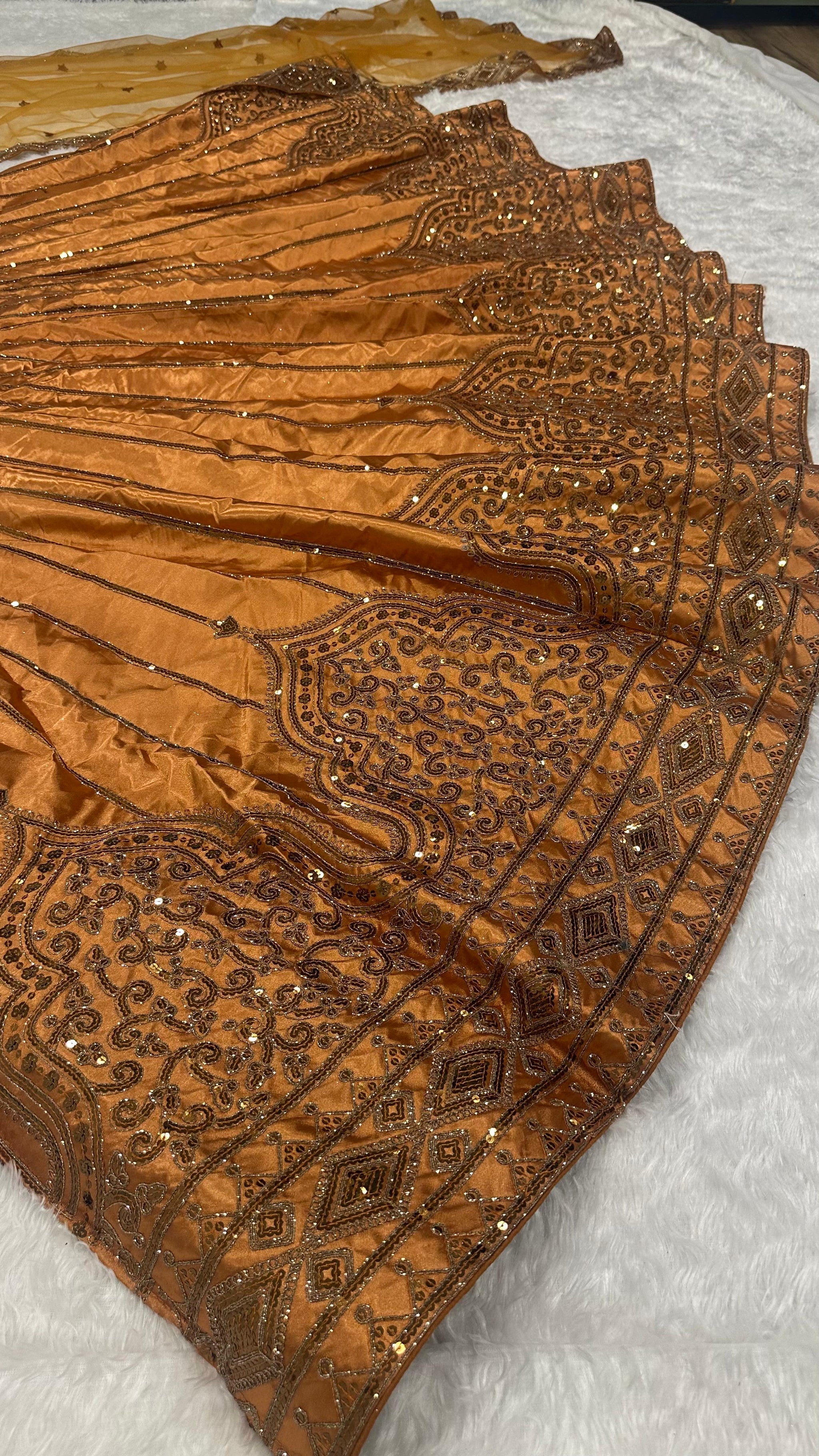 Satin Silk Sequins & Dori Work Lehenga Set with Net Dupatta - METALLIC COPPER