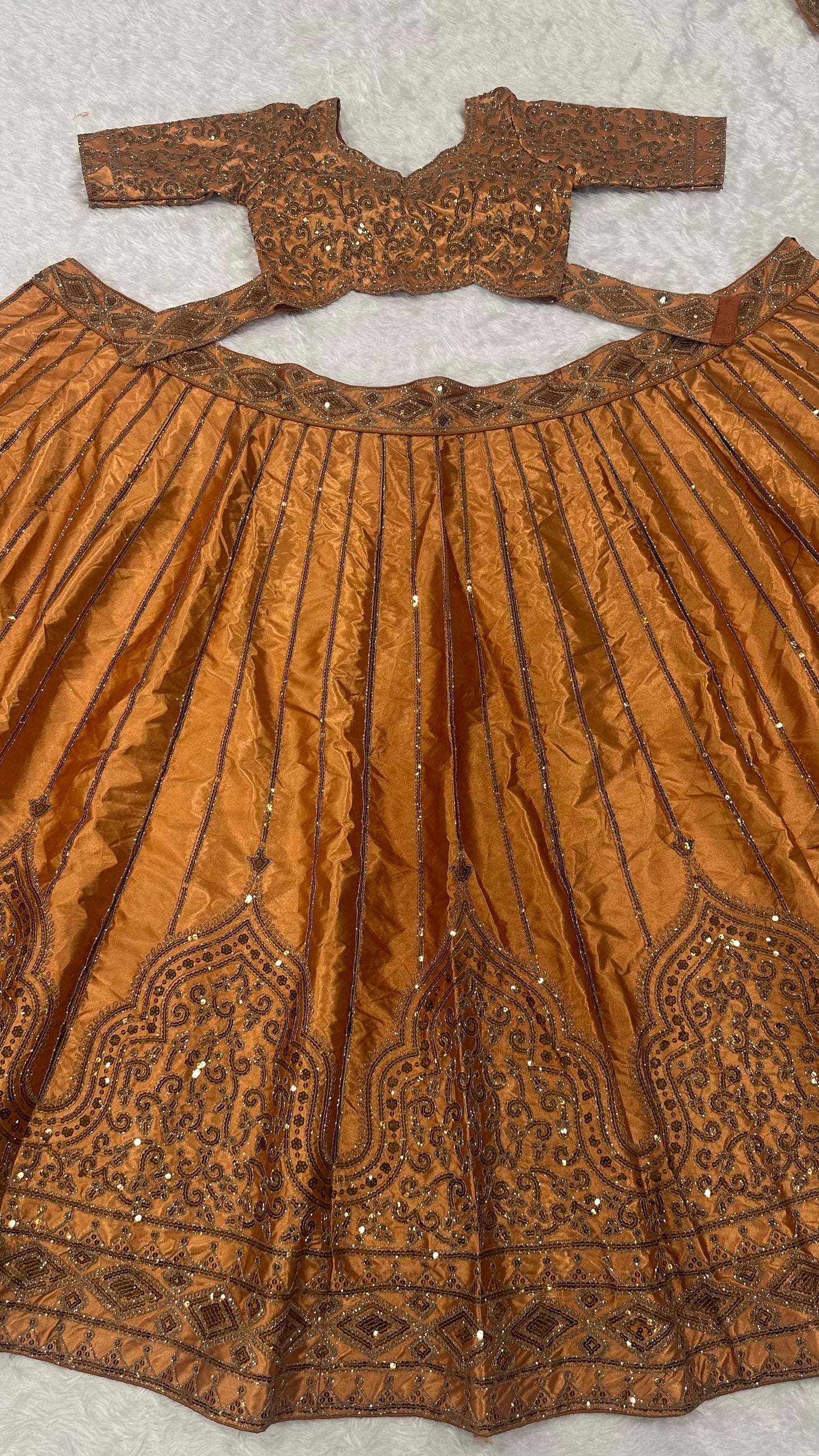 Satin Silk Sequins & Dori Work Lehenga Set with Net Dupatta - METALLIC COPPER