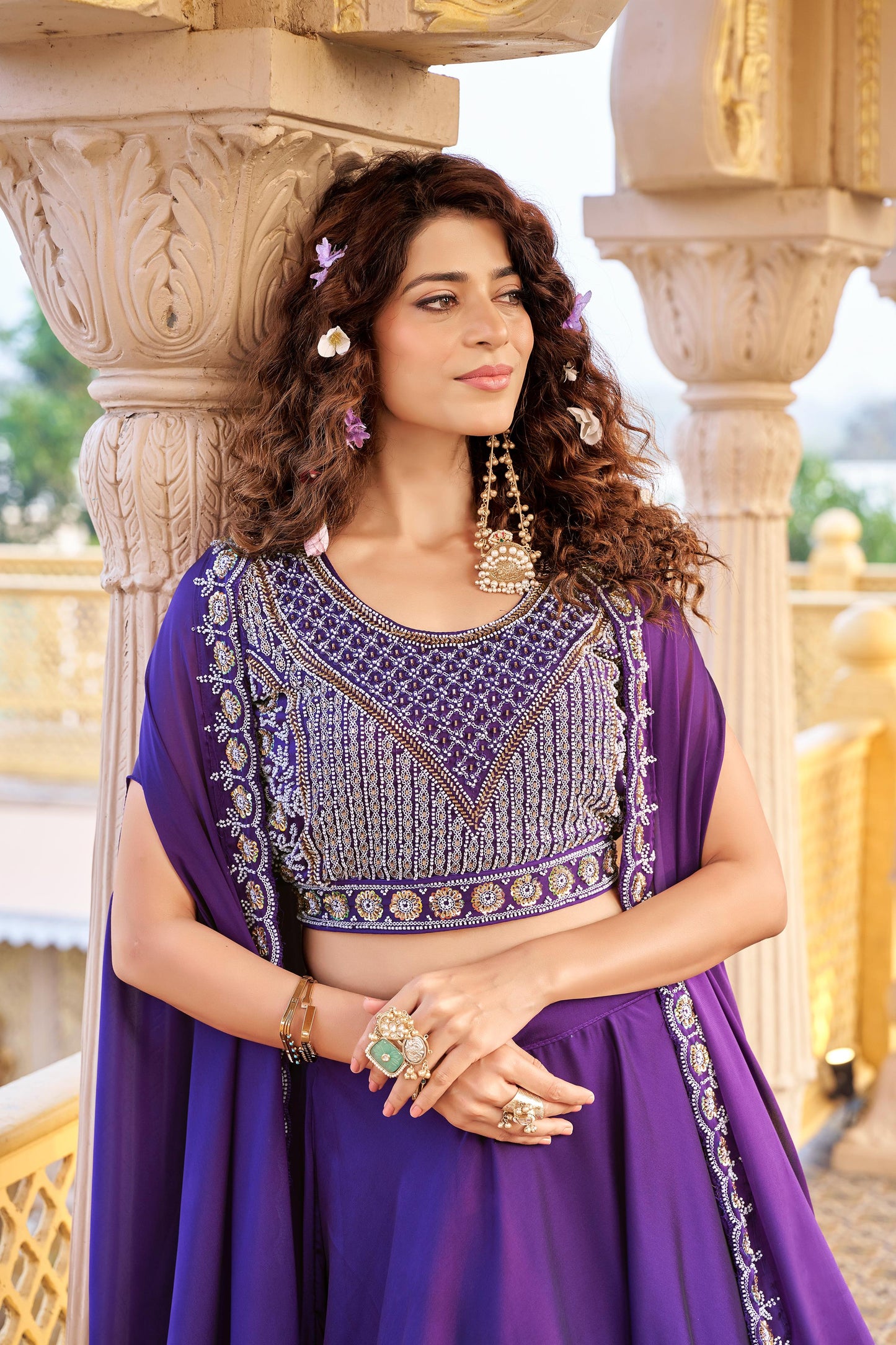 Pure Rangoli Silk 9 Meter Flair Wedding Lehenga Choli with Embroidered Shrug Style Dupatta