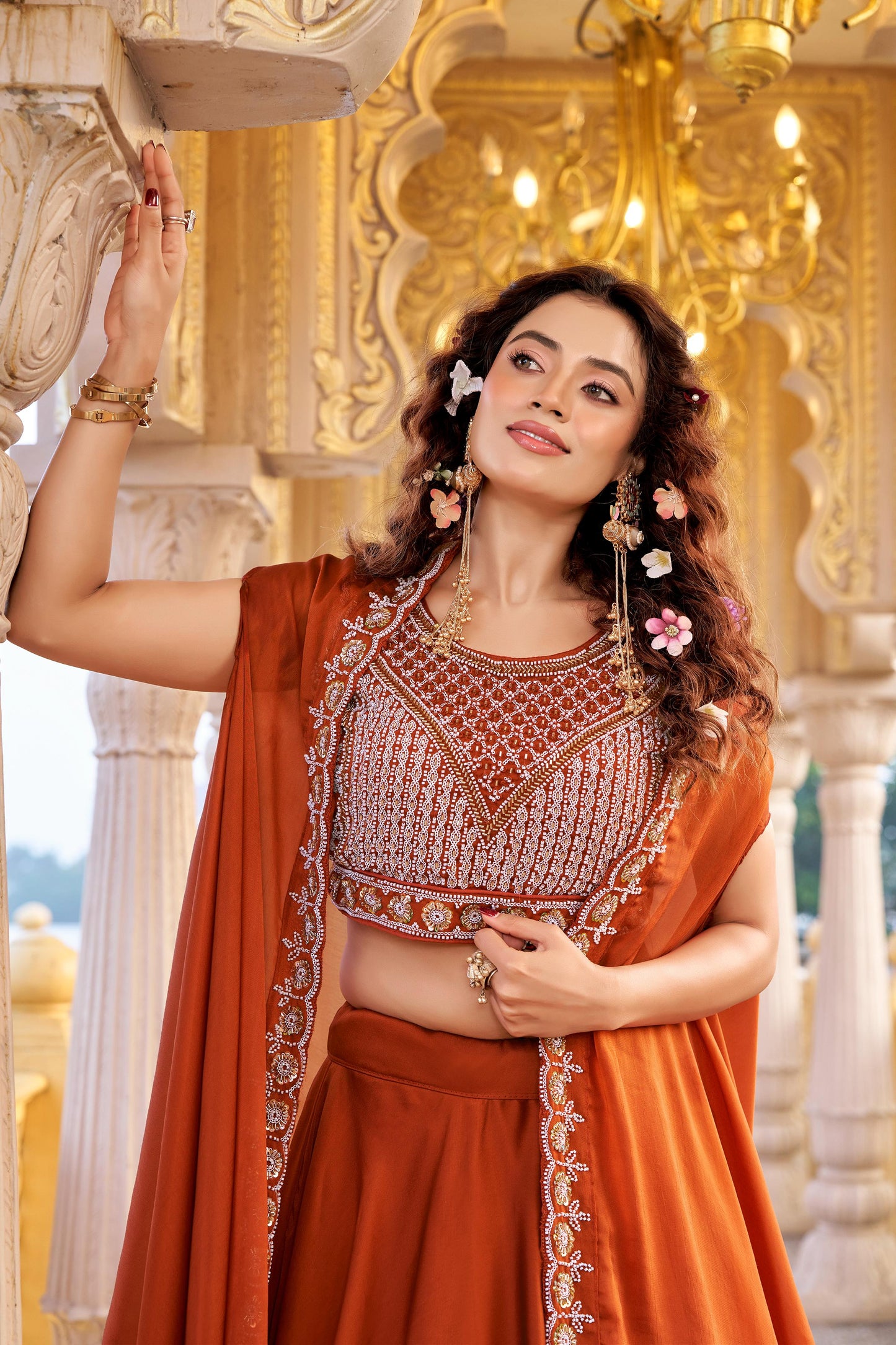 Pure Rangoli Silk 9 Meter Flair Wedding Lehenga Choli with Embroidered Shrug Style Dupatta