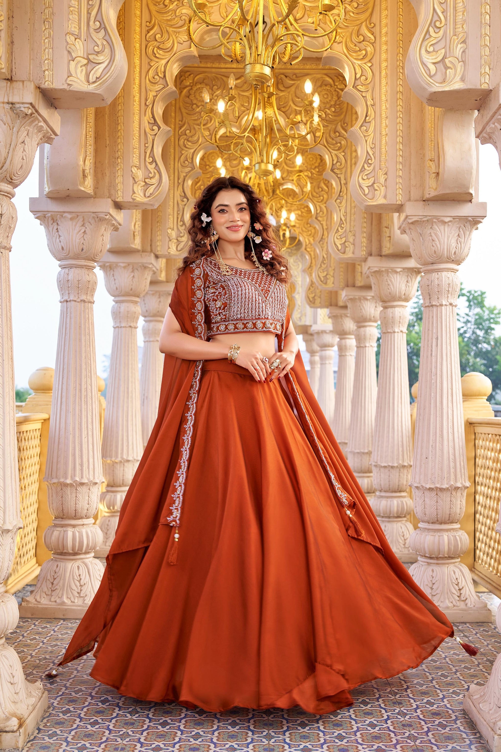 Pure Rangoli Silk 9 Meter Flair Wedding Lehenga Choli with Embroidered Shrug Style Dupatta