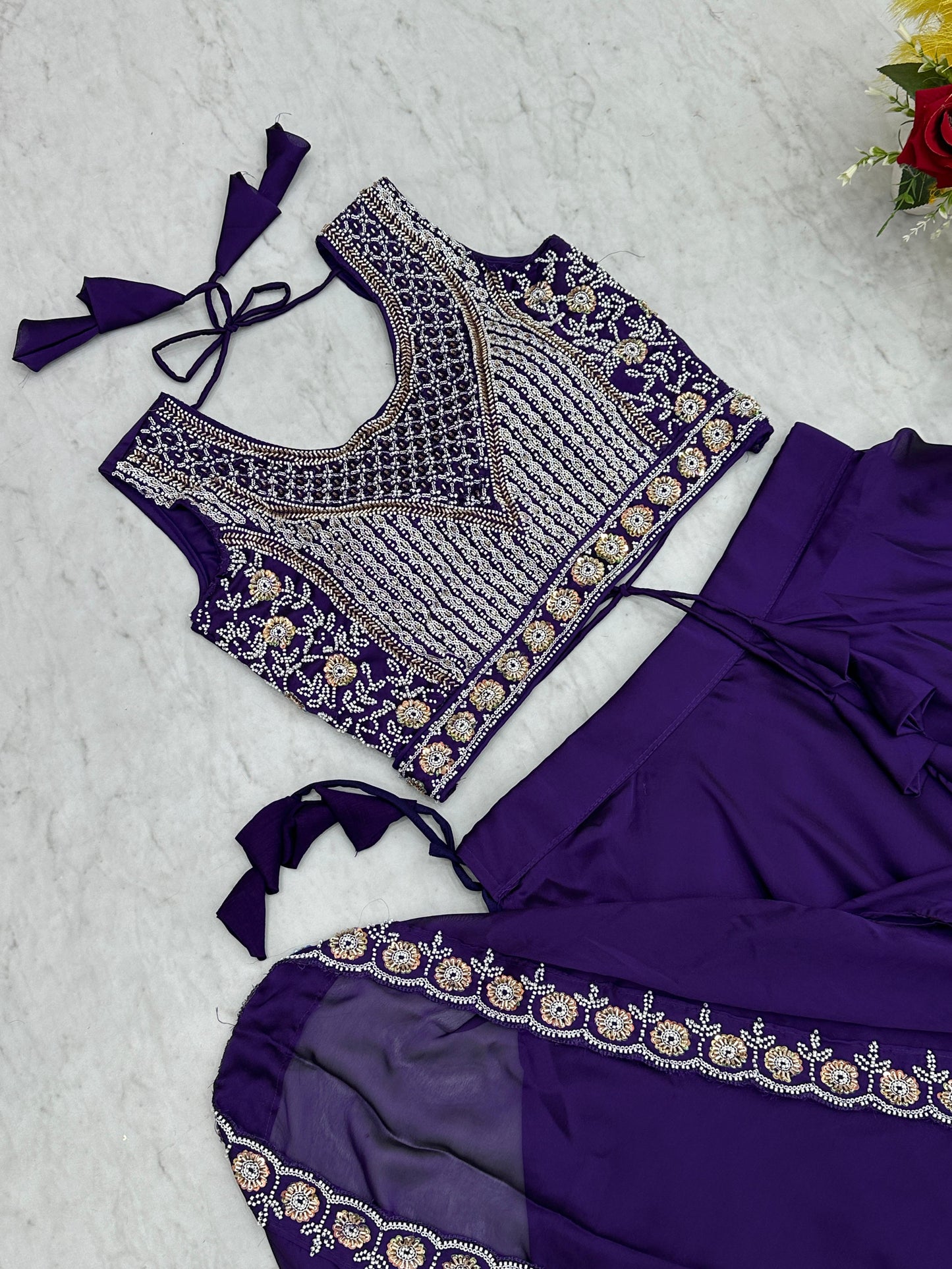Pure Rangoli Silk 9 Meter Flair Wedding Lehenga Choli with Embroidered Shrug Style Dupatta