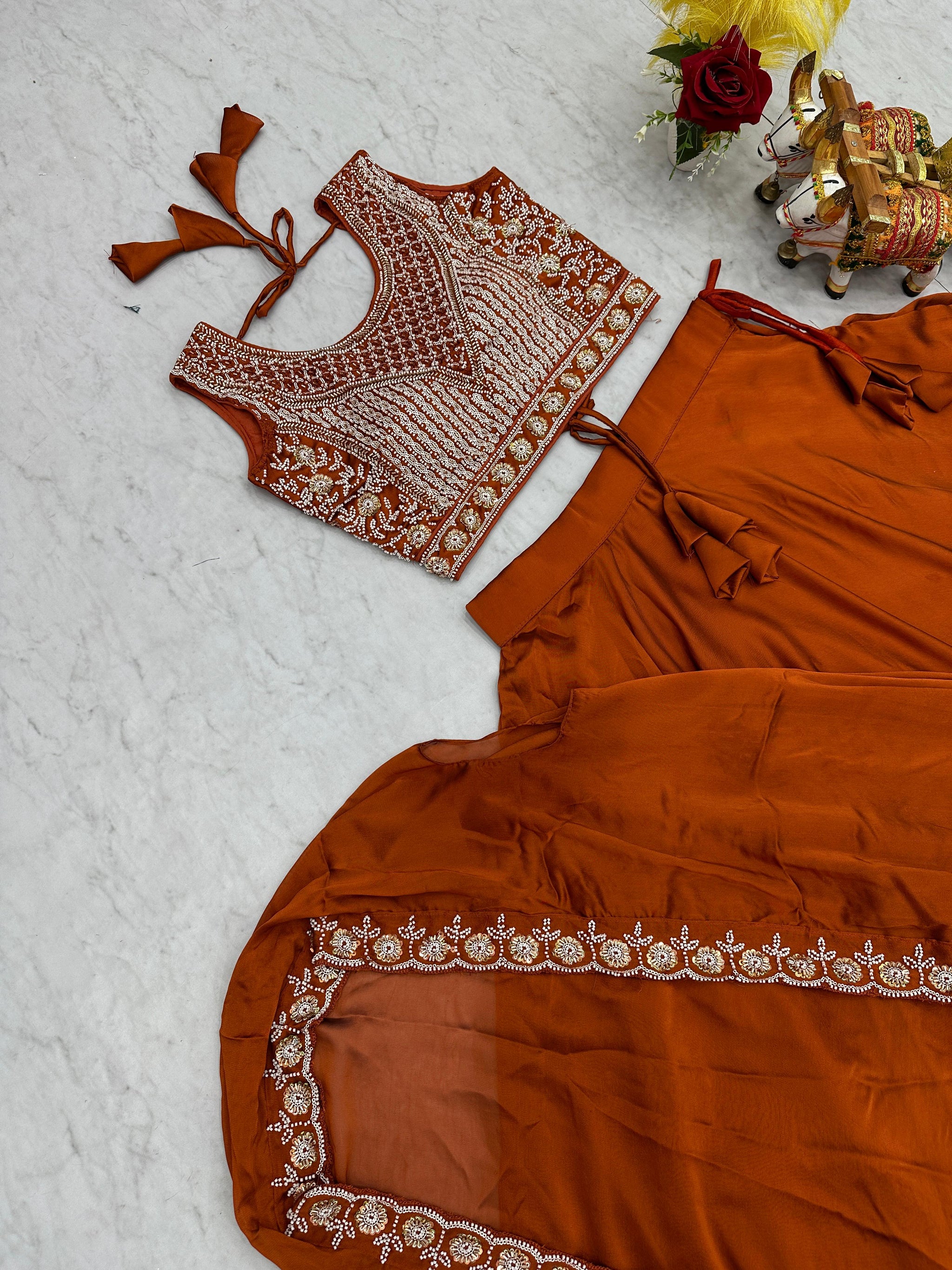Pure Rangoli Silk 9 Meter Flair Wedding Lehenga Choli with Embroidered Shrug Style Dupatta