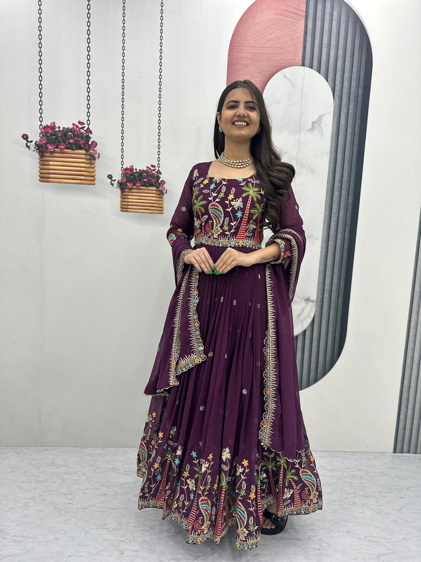 Women Embroidered Faux Georgette Gown with Dupatta Heavy Sequin Work Party Wear Fully Stitched