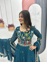 Women Embroidered Faux Georgette Gown with Dupatta Heavy Sequin Work Party Wear Fully Stitched