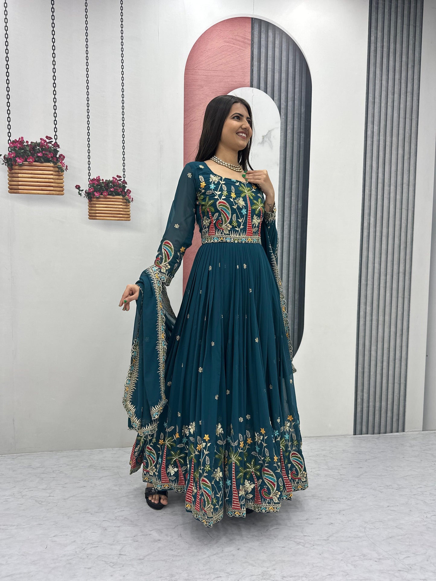 Women Embroidered Faux Georgette Gown with Dupatta Heavy Sequin Work Party Wear Fully Stitched