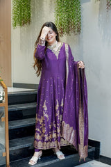 Premium blue Chanderi Anarkali Suit with Banarasi Zari Weaving & Heavy Handwork Neck – Fully Stitched