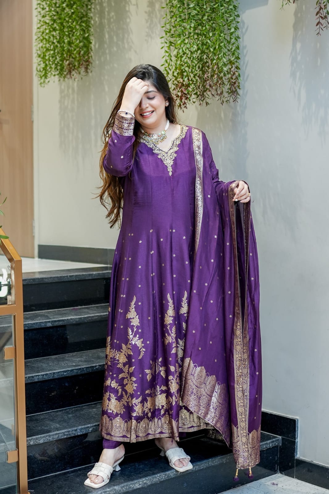 Premium blue Chanderi Anarkali Suit with Banarasi Zari Weaving & Heavy Handwork Neck – Fully Stitched