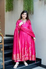 Premium pink Chanderi Anarkali Suit with Banarasi Zari Weaving & Heavy Handwork Neck – Fully Stitched