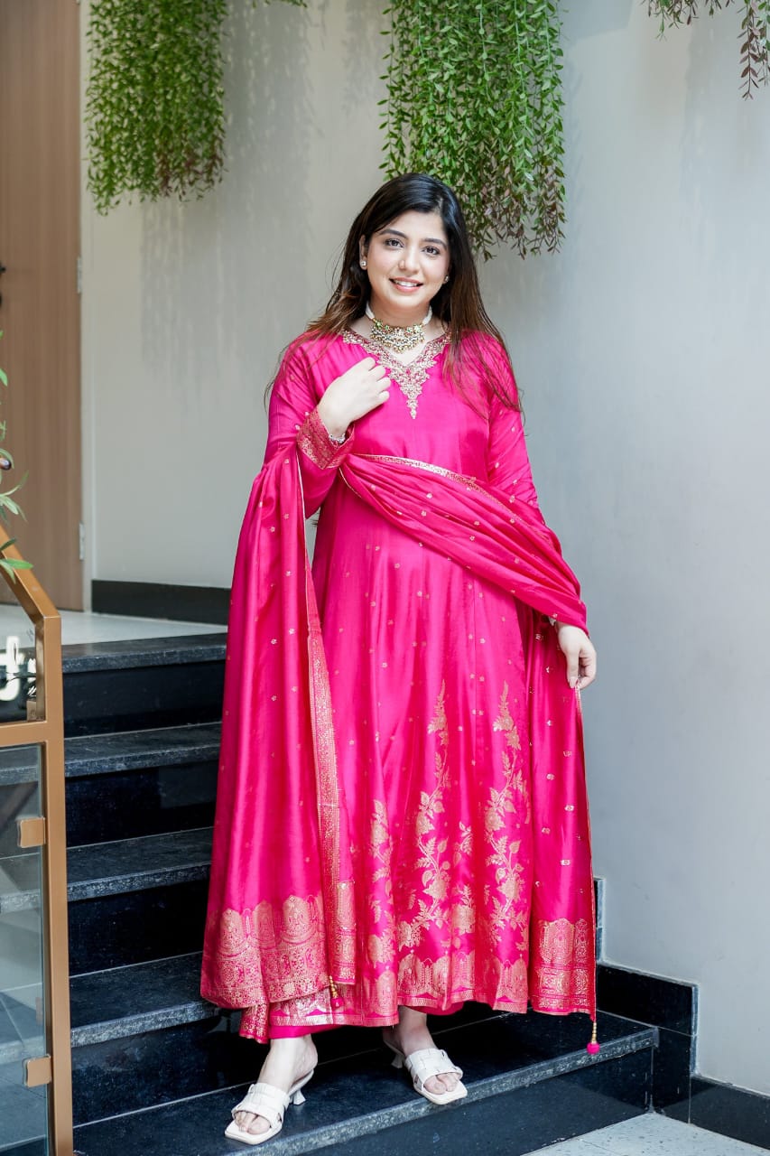 Premium pink Chanderi Anarkali Suit with Banarasi Zari Weaving & Heavy Handwork Neck – Fully Stitched