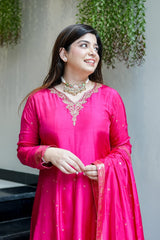 Premium pink Chanderi Anarkali Suit with Banarasi Zari Weaving & Heavy Handwork Neck – Fully Stitched
