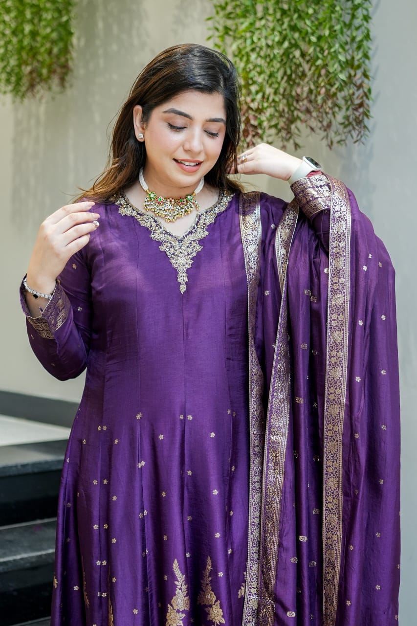 Premium blue Chanderi Anarkali Suit with Banarasi Zari Weaving & Heavy Handwork Neck – Fully Stitched