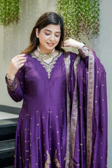 Premium blue Chanderi Anarkali Suit with Banarasi Zari Weaving & Heavy Handwork Neck – Fully Stitched