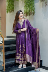 Premium blue Chanderi Anarkali Suit with Banarasi Zari Weaving & Heavy Handwork Neck – Fully Stitched