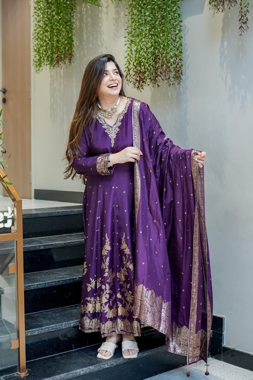 Premium blue Chanderi Anarkali Suit with Banarasi Zari Weaving & Heavy Handwork Neck – Fully Stitched
