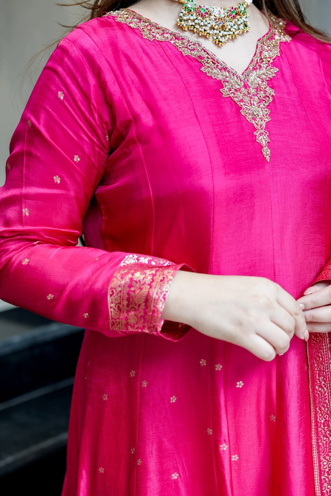 Premium pink Chanderi Anarkali Suit with Banarasi Zari Weaving & Heavy Handwork Neck – Fully Stitched