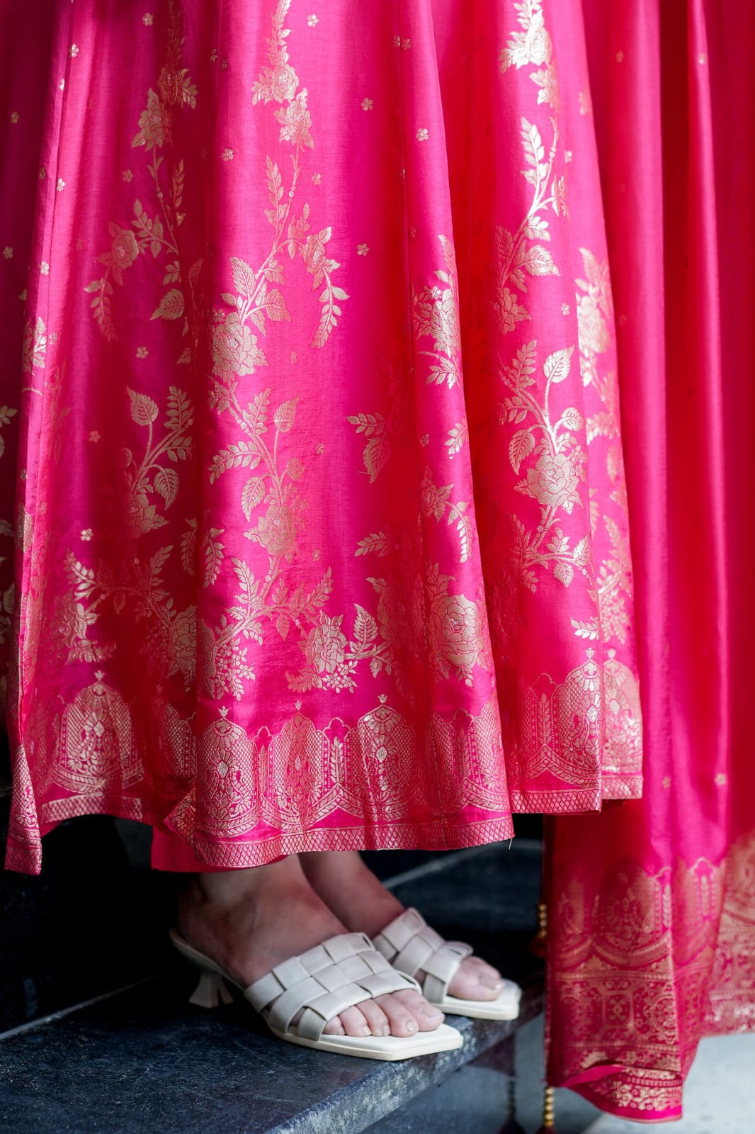 Premium pink Chanderi Anarkali Suit with Banarasi Zari Weaving & Heavy Handwork Neck – Fully Stitched