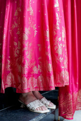 Premium pink Chanderi Anarkali Suit with Banarasi Zari Weaving & Heavy Handwork Neck – Fully Stitched