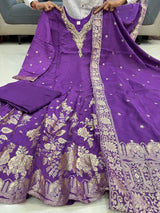 Premium blue Chanderi Anarkali Suit with Banarasi Zari Weaving & Heavy Handwork Neck – Fully Stitched