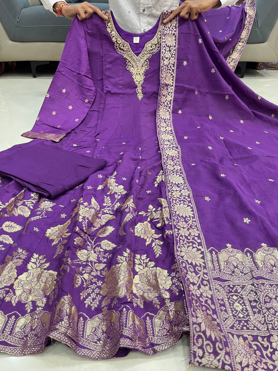 Premium blue Chanderi Anarkali Suit with Banarasi Zari Weaving & Heavy Handwork Neck – Fully Stitched